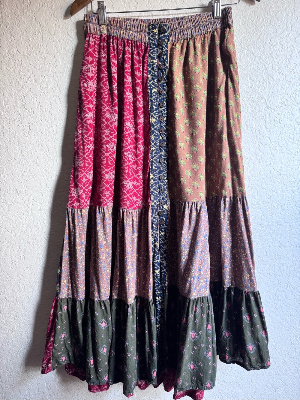 Sacred Threads Patchwork Tiered Maxi Skirt – Boho Hippie – L/XL